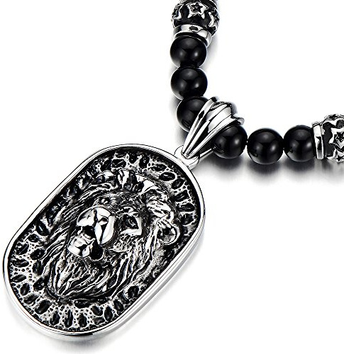 COOLSTEELANDBEYOND Estilo Gótico, Hombre Collar Cuentas de Ónix Negro con Cabeza de León Escudo Colgante Acero Inoxidable, 70CM Largo