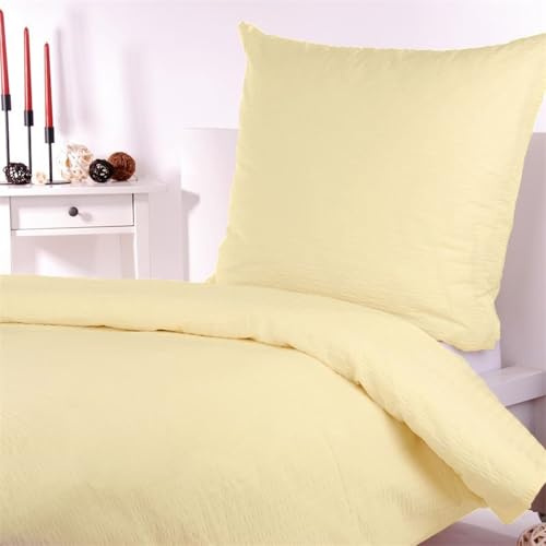 Hans-Textil-Shop Seersucker Bettwäsche Creme 135x200 + 80x80 cm – bügelfreie Bettwäsche Baumwolle mit Reißverschluss, pflegeleicht & atmungsaktiv