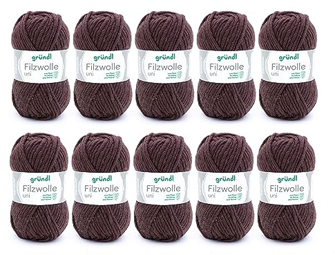 Gründl filtull uni (ull för filning, stickning och virkning, garn tillverkat av 100% ny ull, 50 g/50 m, nåltjocklek: 8 – 9, 10 x 50 g), choklad, 31 x 32 x 7,5 cm