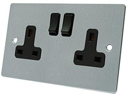 AET FSC2GSOCBL Satin Chrome Flat Black Insert Plastic Rocker Switches-13 Amp Double 2-Gang Plug Socket, 240 V