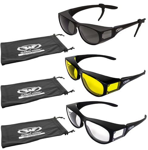 Global Vision 3 Pairs of Escort Fit Over Safety Glasses Clear Yellow Smoke Lenses with Ear Locks & Microfiber Pouches