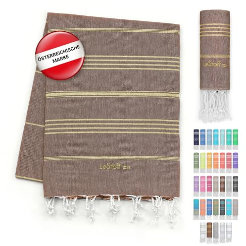 LeStoff Il tradizionale asciugamano da hammam, telo da spiaggia, per sauna, per lo sport, yoga, viaggi, 100% cotone biologico, sostenibile, naturale, morbido e prelavato (95 x 180 cm, marrone - oro)