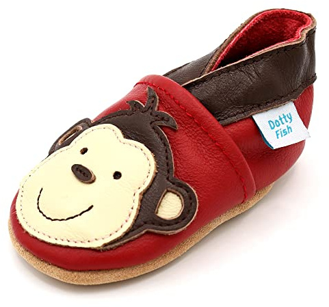 Dotty Fish Scarpe in Pelle Morbide per Bambini e Toddler – Piedi Nudi, Antiscivolo, Leggere e Flessibili, Caviglie Elastiche – Unisex Bambini e Bambine – Scimmia 12-18 Mesi