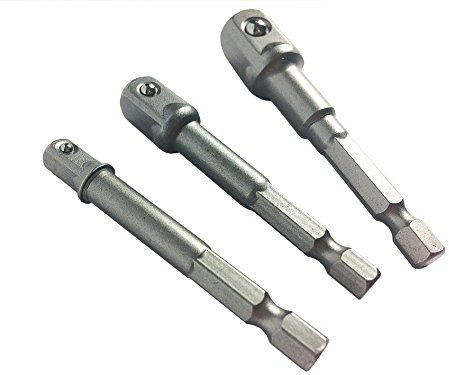 3pc Power Tool Drill Socket Adaptor Set, 1/4 3/8 1/2, Hex Shank Socket Set, Chrome Vanadium, Set of 3 Pieces