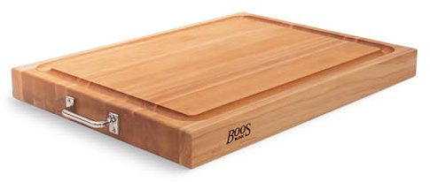 John Boos Handle Boards Series Rectangular Wooden Maple Cutting Board 24”x18” – 2.25” Thick, 30-lb Reversible Butcher Block with Juice Groove, Edge-Grain & Metal Handles – Made in the USA