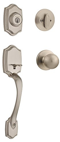 Kwikset Belleview Front Door Lock Handle and Deadbolt Set, Entry Handleset Exterior with Interior Door Knob, Satin Nickel, Pick Resistant SmartKey Rekey Deadbolt Security