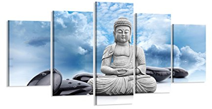 Visario Leinwandbild Buddha Statue Wolken Himmel 200 x 100 cm 5-teilig Direktdruck auf Leinwand mit Holzrahmen Wandbild Kunstdruck XXL Wanddeko für Wohnzimmer Schlafzimmer Artikelnr. 6323