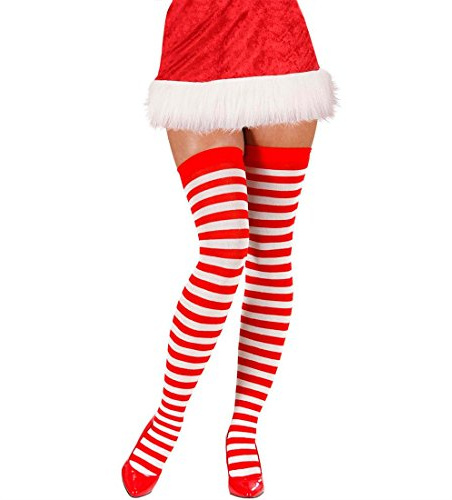 NET TOYS Halterlose Weihnachtsstrümpfe Ringelstrümpfe Damenstrümpfe rot-weiß Geringelt Damen Frauen Overknees