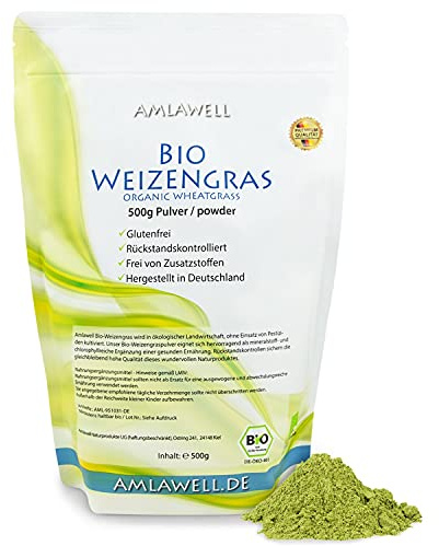 Amlawell Bio Weizengras Pulver - Vegan - Superfood - mit Vitalstoffen - aus deutscher Herstellung - in 500 g Packung erhältlich - DE-ÖKO-042