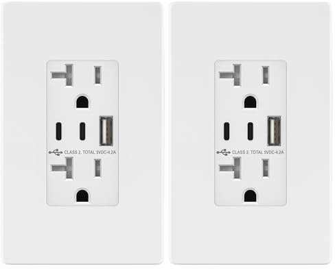 TOPGREENER 4.2A 21W 3-Port Type C USB Outlet, 20 Amp Receptacle Plug, Charging Power Outlet with Dual Type C&A Ports, Screwless Wall Plate Included, UL Listed, TU22042AC2-WSID, White, 2 Pack