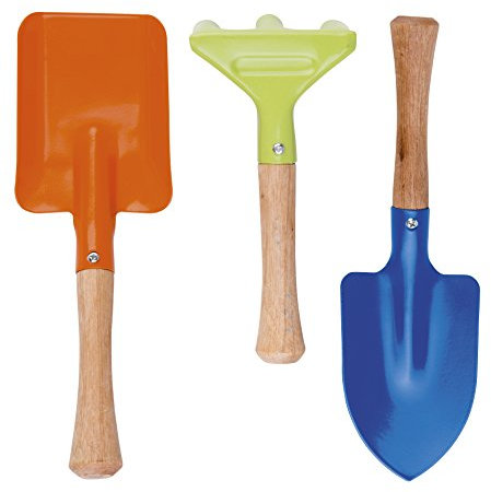 Gartengeräte-Set für Kinder auf Karte 3-teilig mit Holzgriffen, Schaufel, Spaten, Harke ca. 27x19 cm