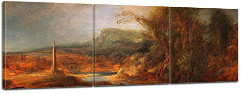 Bilderdepot24 Bild auf Leinwand | Rembrandt Landschaft mit Obelisk in 180x60 cm mehrteilig als Panorama Wandbild XXL | Wand-deko Dekoration Wohnung alte Meister | 180289-180x60-3tlg