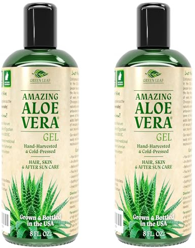 Green Leaf Naturals Amazing Aloe Vera Gel - Freshly Cut, 100% Pure Aloe, Premium Quality, Vegan, Unscented - Natural Sunburn Relief, After Shave, Skin, Face & Hair Care (two 8oz bottles) 16oz