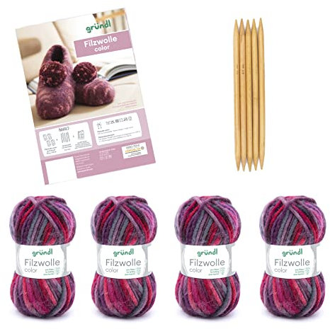 Gründl Wolle Filzwolle color - Dicke Wolle zum Filzen in der Waschmaschine für 1 Paar Hausschuhe mit Anleitung und Nadel - Weich und hautfreundlich - 100 % Schurwolle - 4 Knäuel 50 g/50 m - Lila