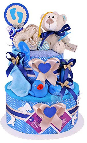MomsStory - Windeltorte Junge | Windelgeschenk Teddy-Bär | Baby-Geschenk zur Geburt Taufe Babyparty | Babytorte 2 Stöckig (Blau) XL Geburtsgeschenk