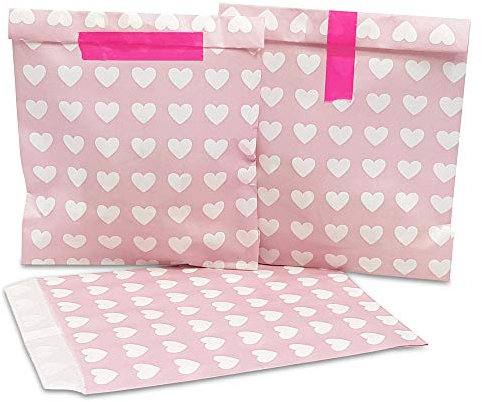 Frau WunderVoll® 100 PAPIERTÜTEN ROSA, Herzen 13 x 16,5 cm, 45 Gramm Papier, flach/Candy Bar, Hochzeit, Kindergeburtstag, Papiertütchen, Candybag, Tüten, Mitgebseltüten