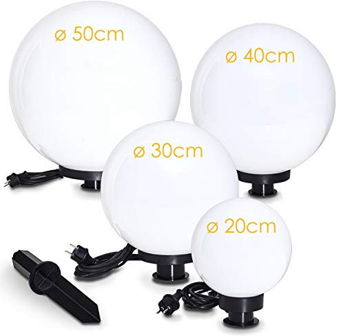 Kugelleuchte Miau, Kugellampe 4er Set, Außenleuchten aus weißem Kunststoff Ø 20, 30, 40 und 50 cm, Leuchtkugeln mit E27-Fassung, Kugellampen mit 5 Meter Zuleitung, ohne Leuchtmittel