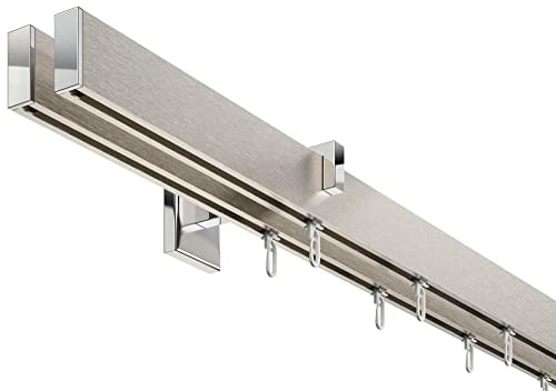 DécoProfi Gardinenstange Innenlauf 2-läufig Set Short rechteckig Silber Eloxiert/Verchromt I Länge: 200cm Aluminium für Wandmontage I Als Gardinenschiene & Vorhangstange geeignet