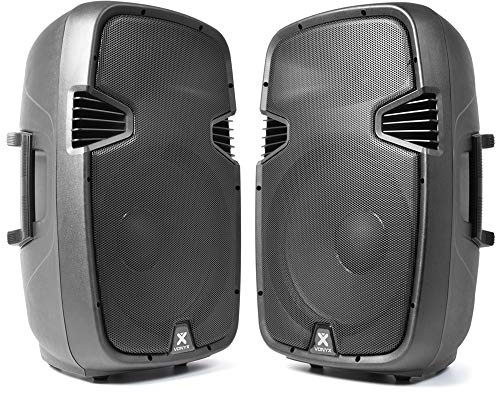 VONYX SPJ-1500A 15 Active PA Speakers Pair with Built-in Amplifier, Integrated Mixer, Bass and Treble Controls - 1600W DJ Sound System for Live Events, Parties and Stage Performances