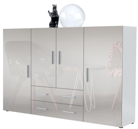 Vladon Highboard Nora Anrichte mit 2 Schubladen und 4 Türen mit insgesamt 8 Fächer dahinter, Weiß matt/Sandgrau Hochglanz (166,5 x 106,5 x 35 cm)