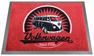 BRISA VW Collection - T1 Bulli Bus Fußmatte | Volkswagen Fußabtreter Fußabstreifer Schmutzfangmatte, Robust Waschbar Haustür Garage Camping, 70 x 50 cm, Vintage Logo/Rot