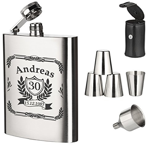 polar-effekt 7-TLG. Edelstahl Flachmann Geschenk-Set mit Gravur - Schnapsflasche 195ml mit Trichter und 4 Becher - Geschenkidee für Männer zum Geburtstag - Motiv Jubiläum