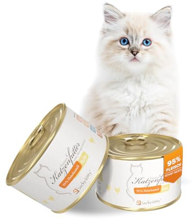 Lucky-Kitty Katzenfutter Nass Huhn, 95% Fleisch I Katzenfutter ohne Getreide & Zucker, Lebensmittelqualität I Nassfutter für Katzen & Kitten, Keine Zusätze I Katzennassfutter Made in Germany (4x200g)