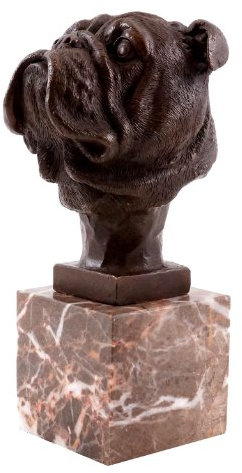 Kunst & Ambiente - Bronzefigur - Kopf Einer Bulldogge - signiert von Milo - Hundekopf auf Marmorsockel - Bully Skulptur in Bronze - Statuen online kaufen - Wohndeko - Innen