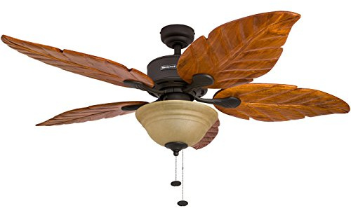 Honeywell Ceiling Fans Sabal Palm, 52 Inch Tropical LED Ceiling Fan with Light, Pull Chain, Dual Mounting Options, Hand Carved Solid Wood Blades - 50204-01 (Bronze)