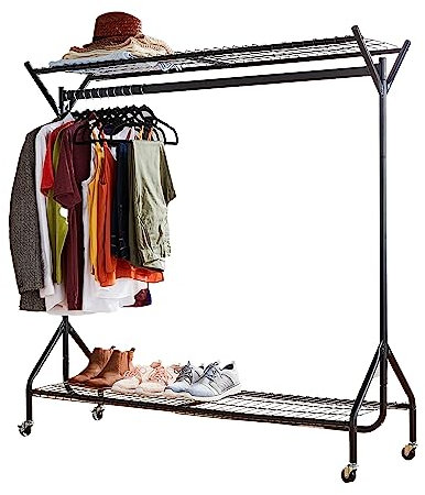 House of Home Super Heavy Duty Metal Clothes Rail with Wheels - 1 Tier Rail Wardrobe Replacement - Hanging Clothing & Shoe Rack - Storage & Organiser for Shirts, Coats, Hat & Shoes - Black, 4ft x 5ft