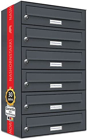 AL Briefkastensysteme 6er Briefkastenanlage Anthrazit Grau RAL 7016, Premium Briefkasten DIN A4, 6 Fach Postkasten modern Aufputz