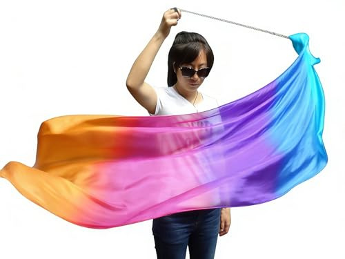 Winged Sirenny Handfärgade Siden Dansslöjor Poi-Bollar 135x60 cm för Magdans Flow Arts, Jongleringsslöja med Stålvajer och Tygväska (Iridescens)