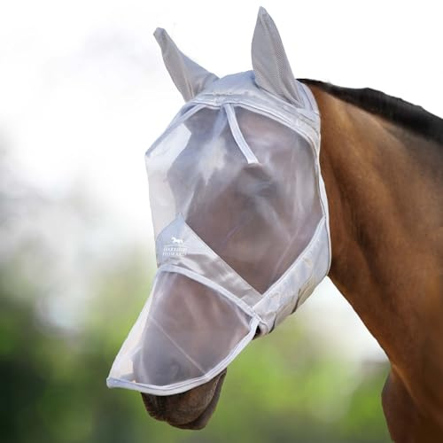 Harrison Howard Caremaster Masque Anti-Mouches intégral pour Cheval Protège Visage Nez et Oreilles Polaire en Nylon rembourré Protection UV, Argenté Brillant