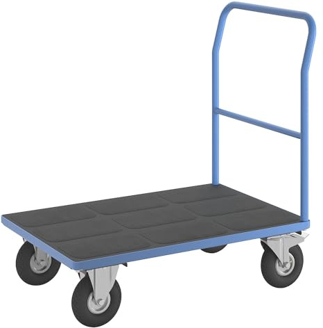 eurokraft pro | Plattformwagen mit Gitterwänden | Rohrschiebebügel, Luftreifen, LxB 1050 x 700 mm, lichtblau