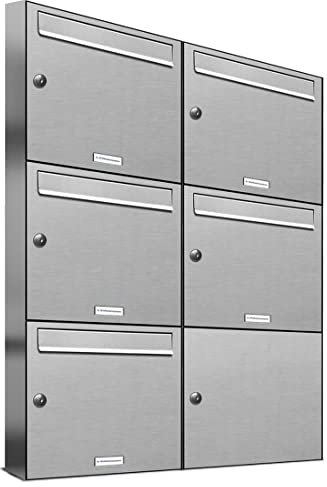 AL Briefkastensysteme 5er Briefkastenanlage aus V2A Edelstahl, Premium Briefkasten DIN A4, 5 Fach Postkasten modern Aufputz