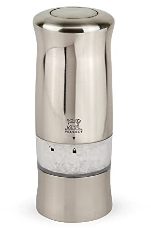 PEUGEOT - Moulin à Sel Électrique Zeli 14 cm - Avec Eclairage - Sel Gemme Inclus - Fabrication Française - 6 Piles + Ampoule De Rechange Inclus - Coloris aspect Inox