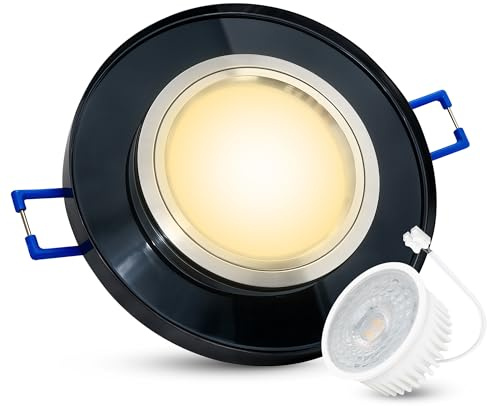SSC-LUXon Glas LED Decken Einbauleuchte Einbaustrahler 230V dimmbar & super flach (30mm) in schwarzem runde Form mit 6W LED Modul warmweiß 2700K