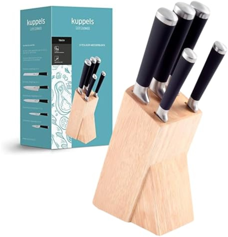 Kuppels Messerblock-Set, Gummibaumholz, rostfreie Edelstahl-Klingen | Polierte Edelstahlklingen mit 5 praktischen Schlitzen für Gemüse-, Allzweck-, Schinken-, Brot- und Kochmesser