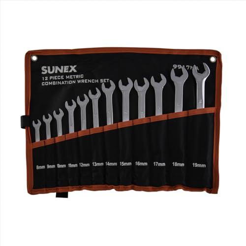 Sunex Tools 9917MA - Juego de llaves combinadas métricas con ranura en V, 8 mm - 19 mm, totalmente pulidas, 12 piezas (incluye estuche enrollable)