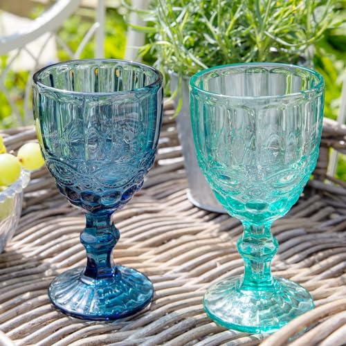 Dibor Wine Glasses Set of 4 Baroque Stemmed 300ml Wine Goblets (CP44+CP49) | Dishwasher Safe, Embossed, Glassware Set, Blue, Turquoise, Bevelled Design