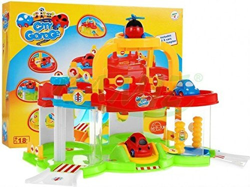 Baby Parkgarage P5888 - City Garage - Parkplatz - Garage Spielset - Parkgarage - Parkhaus - Parkplatz Spielzeug - Parkhaus Spielset - 2 Spielzeugautos, Hubschrauber und Aufzug