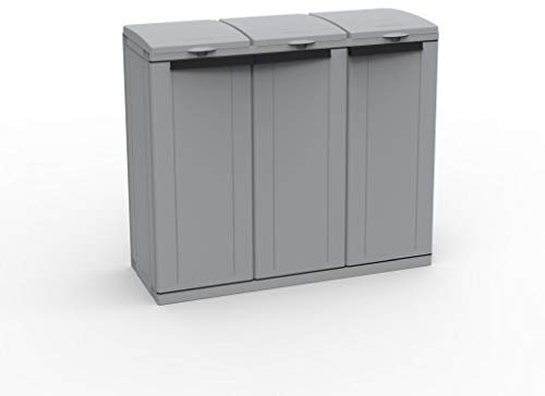 Kreher XXL Gartenschrank, Müllbox mit 3 Türen und Halterung für Müllsäcke. Aus Kunststoff in Grau. Mit Deckel und Türen. Praktisch und Preiswert.