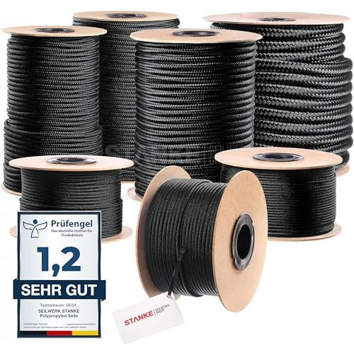 Seilwerk STANKE Corde polypropylène Noir 8mm - 50m | Ficelle agricole, pour Plants de tomates | Corde tressée pour Le Sport, la Survie, la Construction