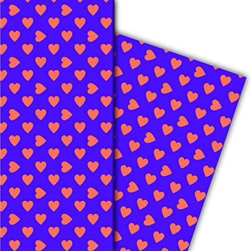 Kartenkaufrausch Romantik mit großen Herzen Geschenkpapier Set für liebe Geschenkverpackung, 4 Bögen, 32 x 48cm Dekorpapier, Musterpapier zum Einpacken, basteln, scrapbooking orange auf lila