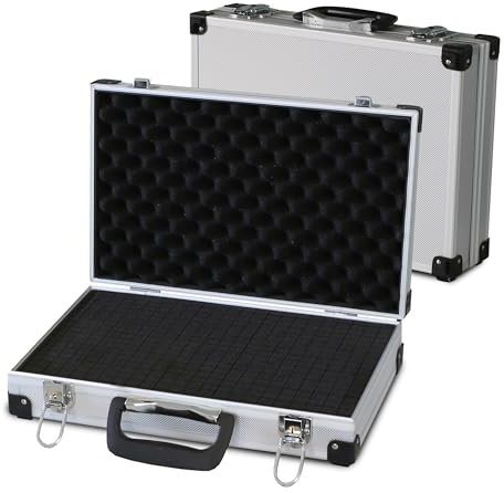 PeakTech 7260 – Estuche de transporte de aluminio resistente para instrumentos y herramientas de medición, acolchado de espuma, candado, de, a prueba de polvo, L - 370x80x230 mm