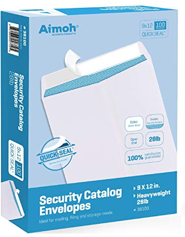 Aimoh 100 9 x 12 SELF Seal Security White Catalog Envelopes - 28lb - Security Tinted, Ultra Strong Quick-Seal, 9x12 inch (38100)