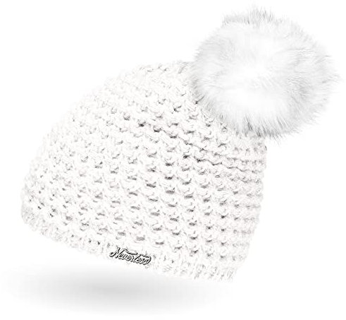 Neverless® Damen Strickmütze Perlstrickmuster Pudelmütze Wintermütze ohne Umschlag mit Fleecefutter und Kunstfellbommel Model 1978 Weiss Unisize