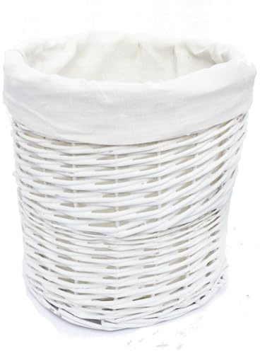 Shabby Chic White Wicker Round Laundry Basket Bin Toilet Roll Holder + Lining (Bin)