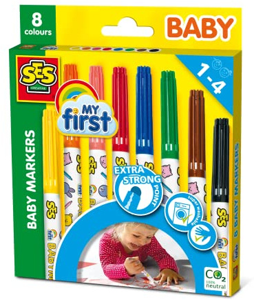SES Creative 00299 SES Baby Farben Marker, SchwarzBlauBraunGrünOrangePinkRotGelb, 8 Stück (1er Pack)