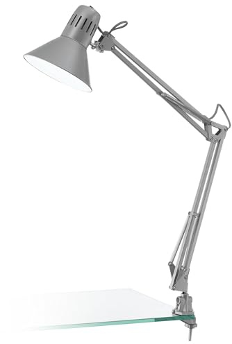 EGLO Tischlampe Firmo, 1 flammige Klemmlampe Vintage, Industrial, Retro | Schreibtischlampe aus Stahl und hochwertigem Kunststoff, Klemmleuchte in Silber, Lampe mit Schalter, E27 Fassung